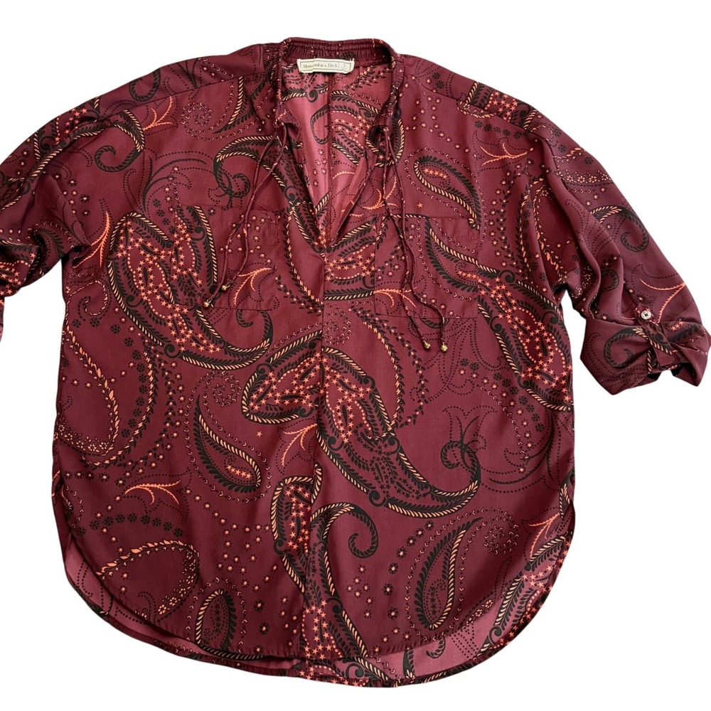 Abercrombie & Fitch Paisley Blouse Small Burgundy Boho Roll Tab Sleeve